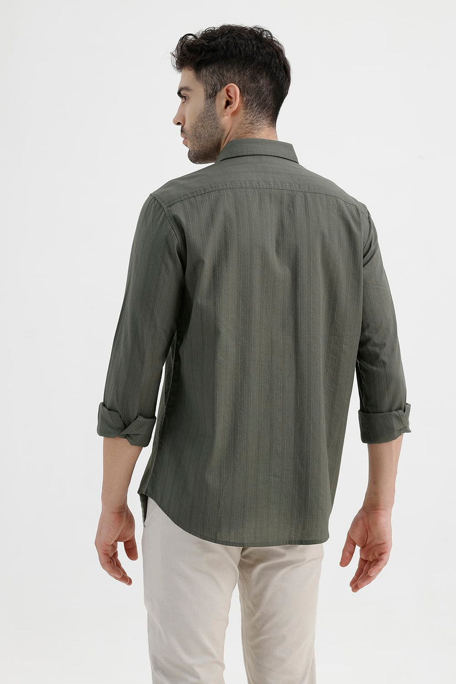 BASICS SLIM FIT KAMBABA GREEN COTTON DOBBY VERTICAL STRIPE SHIRT