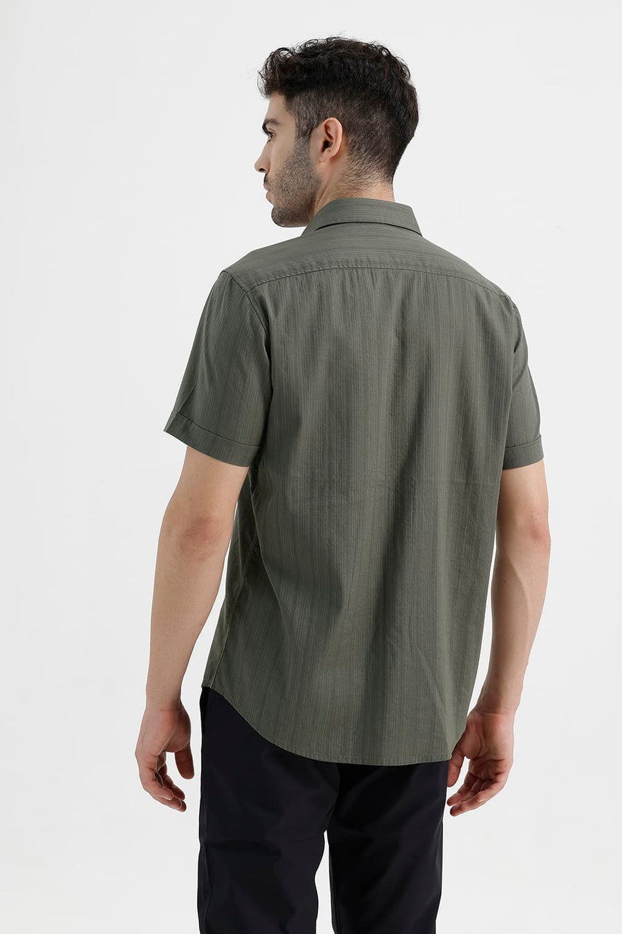 BASICS SLIM FIT KAMBABA GREEN COTTON DOBBY VERTICAL STRIPE HALFSLEEVES SHIRT