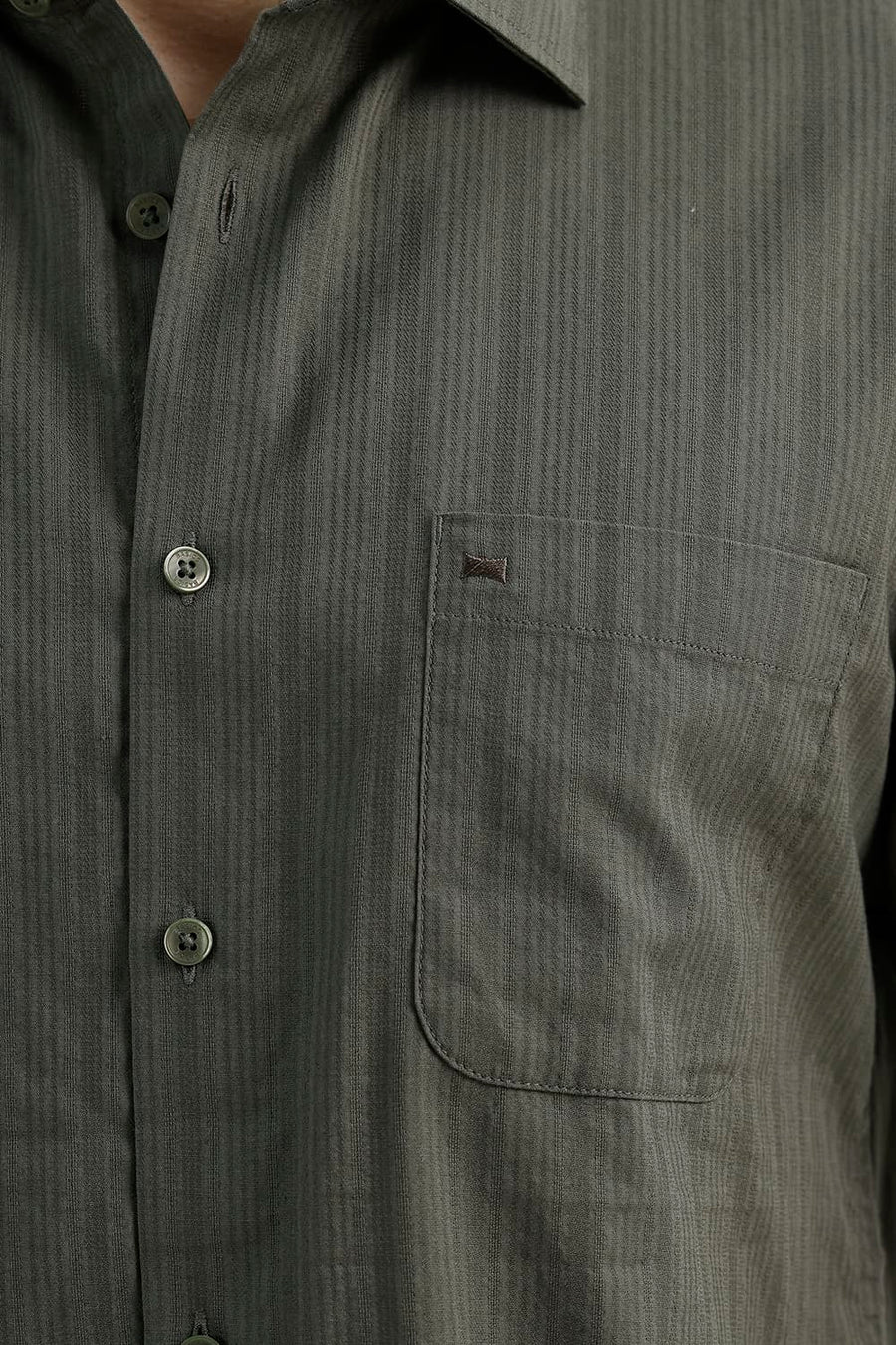 BASICS SLIM FIT KAMBABA GREEN COTTON DOBBY VERTICAL STRIPE HALFSLEEVES SHIRT