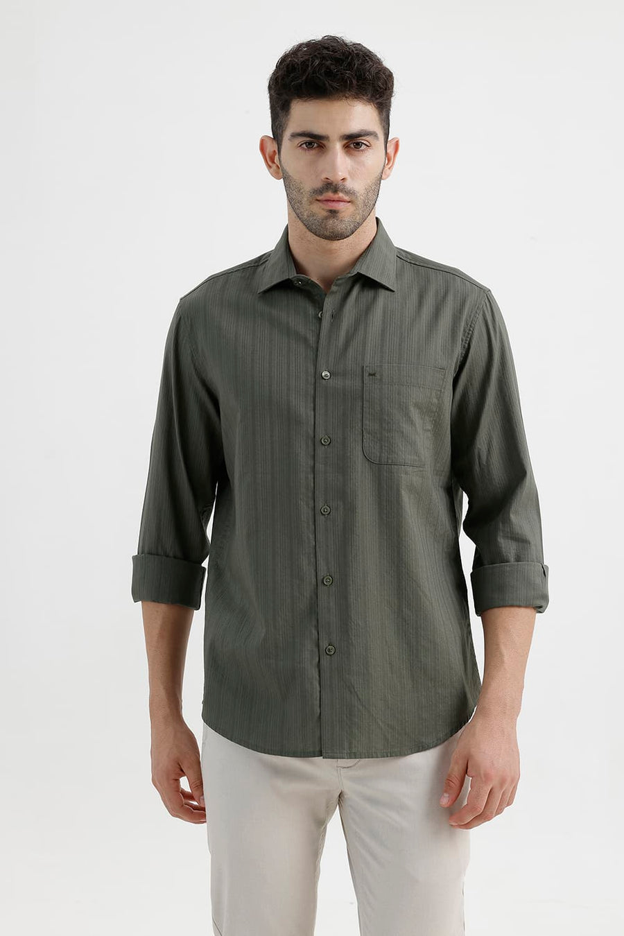 BASICS SLIM FIT KAMBABA GREEN COTTON DOBBY VERTICAL STRIPE SHIRT
