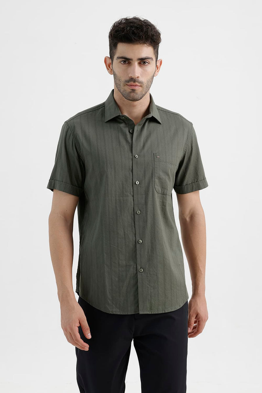 BASICS SLIM FIT KAMBABA GREEN COTTON DOBBY VERTICAL STRIPE HALFSLEEVES SHIRT
