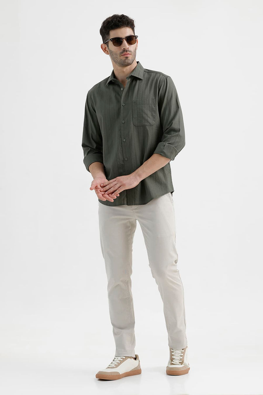 BASICS SLIM FIT KAMBABA GREEN COTTON DOBBY VERTICAL STRIPE SHIRT