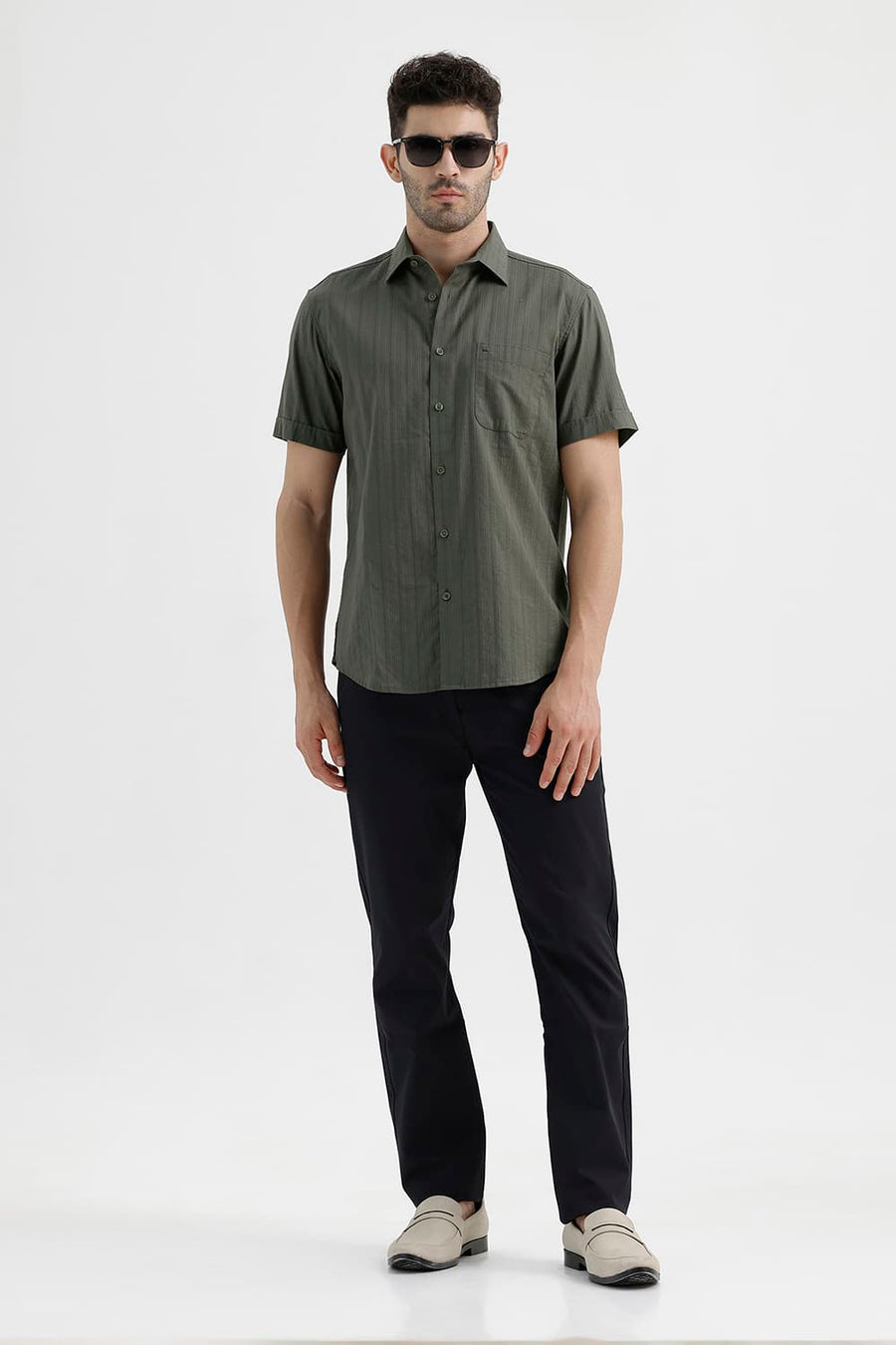 BASICS SLIM FIT KAMBABA GREEN COTTON DOBBY VERTICAL STRIPE HALFSLEEVES SHIRT
