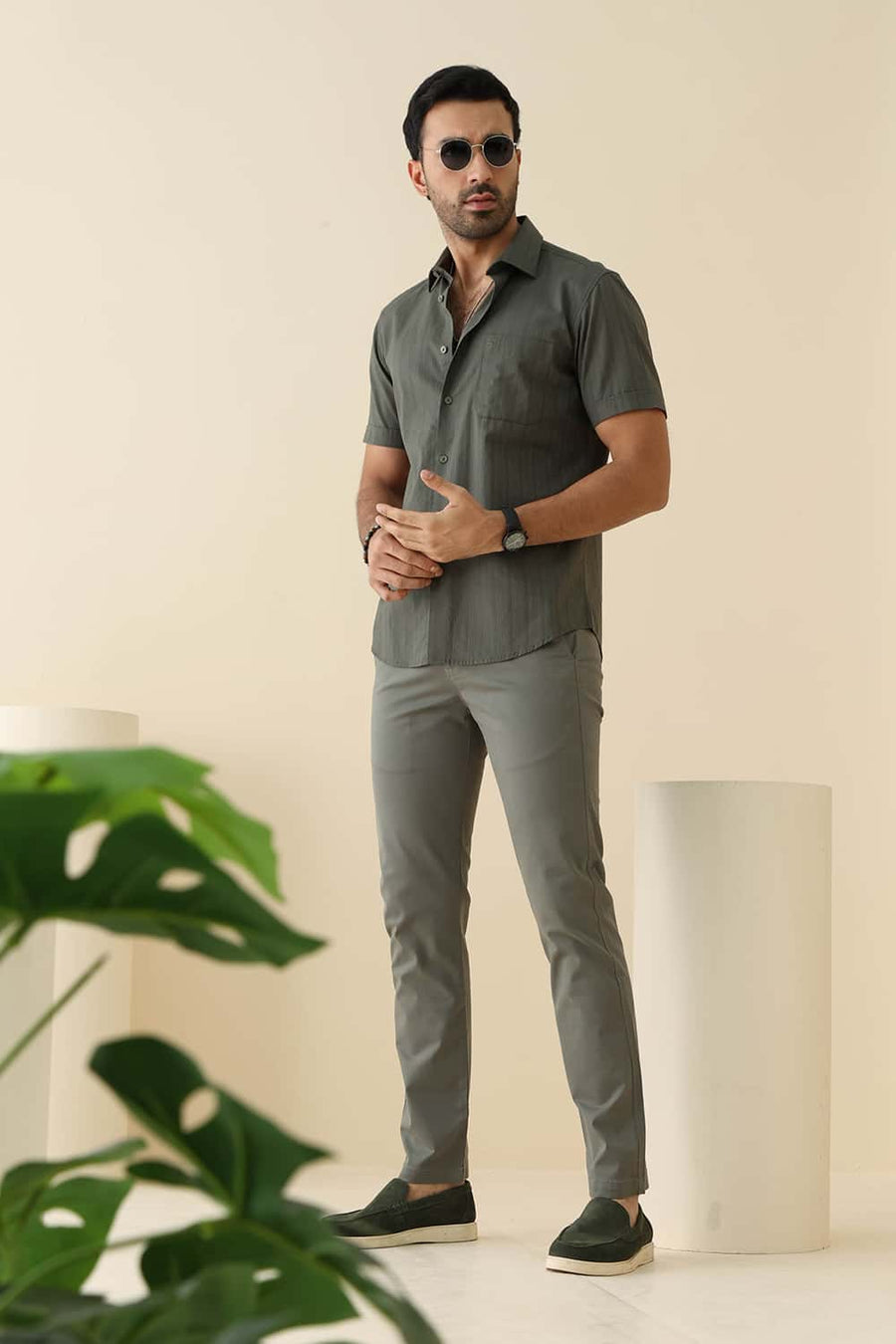 Basics Slim Fit Kambaba Green Cotton Dobby Vertical Stripe Halfsleeves Shirt