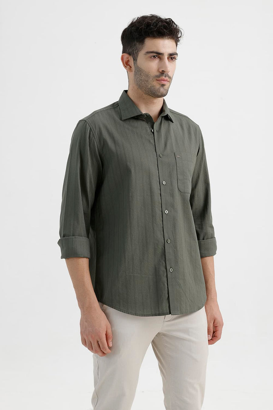 BASICS SLIM FIT KAMBABA GREEN COTTON DOBBY VERTICAL STRIPE SHIRT