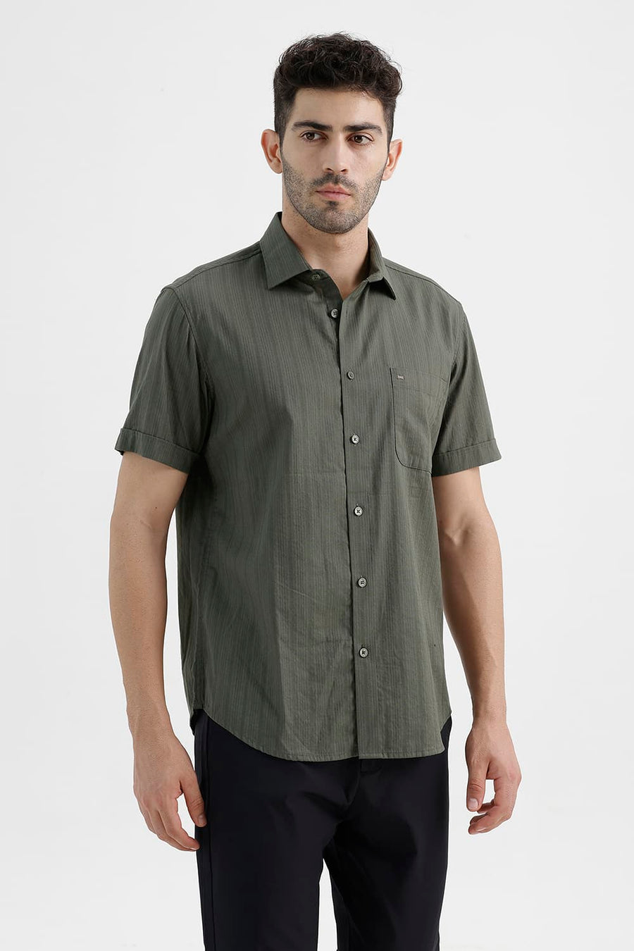 BASICS SLIM FIT KAMBABA GREEN COTTON DOBBY VERTICAL STRIPE HALFSLEEVES SHIRT