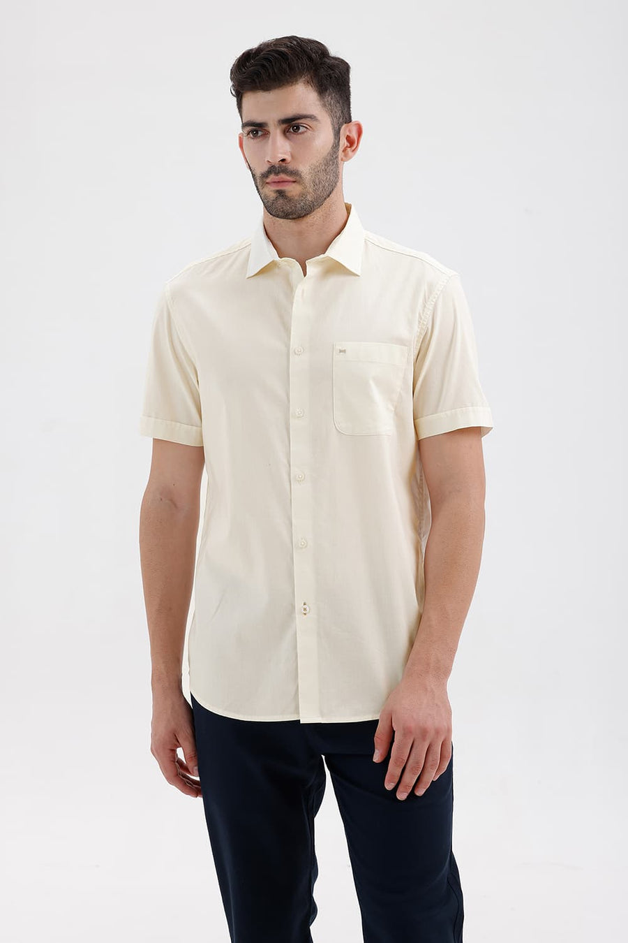 BASICS SLIM FIT MARSHMALLOW YELLOW COTTON OXFORD HALFSLEEVES SHIRT