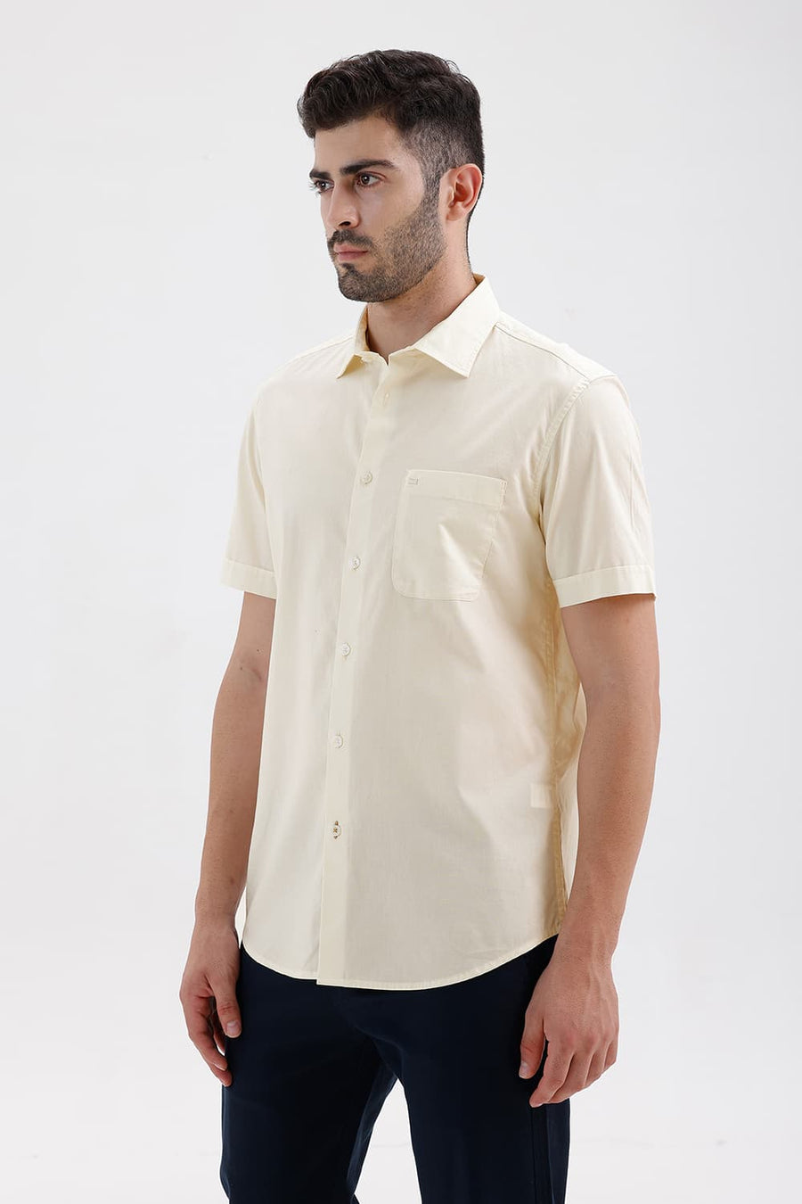 BASICS SLIM FIT MARSHMALLOW YELLOW COTTON OXFORD HALFSLEEVES SHIRT