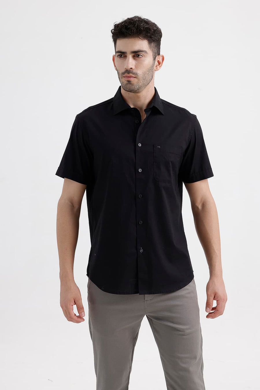 BASICS SLIM FIT PIRATE BLACK COTTON OXFORD HALFSLEEVES SHIRT