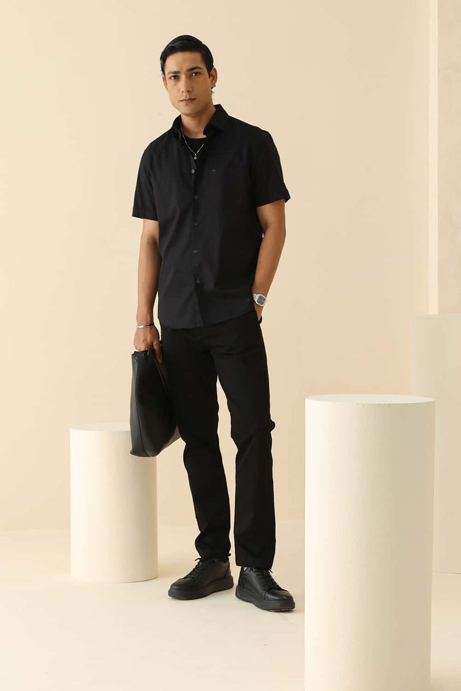 Basics Slim Fit Pirate Black Cotton Oxford Halfsleeves Shirt