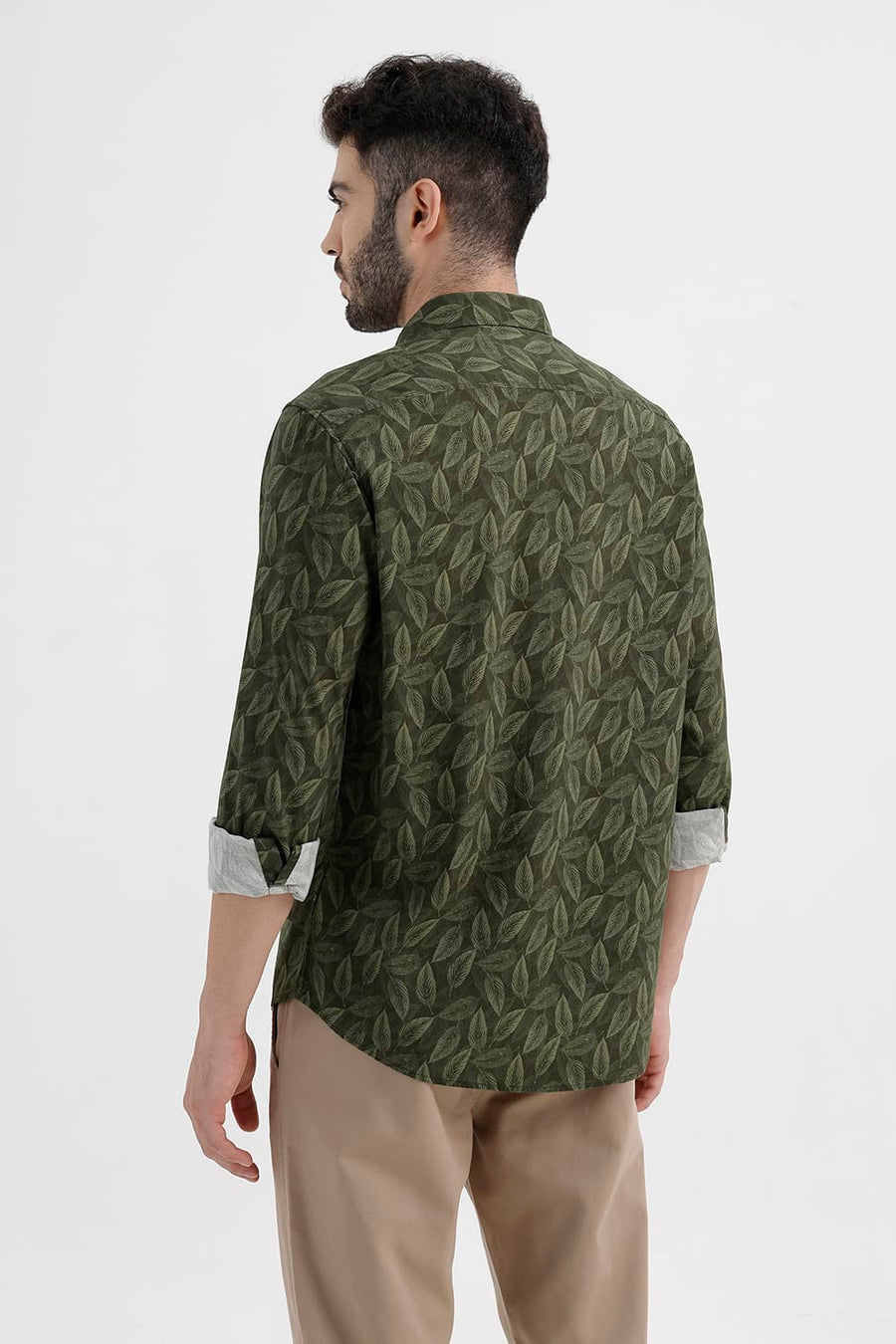 BASICS SLIM FIT LICHEN GREEN COTTON VISCOSE PRINTED SHIRT