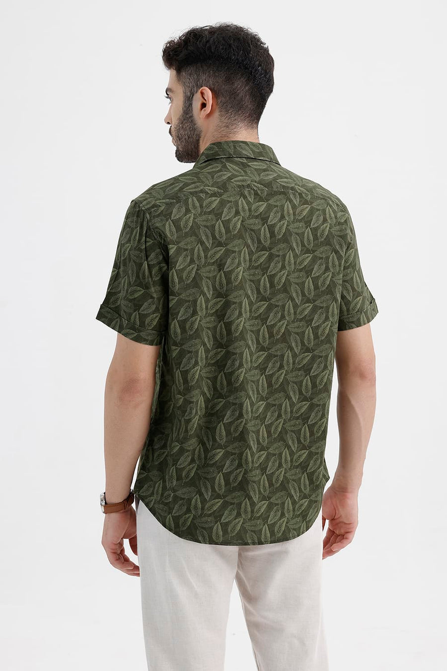 BASICS SLIM FIT LICHEN GREEN COTTON VISCOSE PRINTED HALFSLEEVES SHIRT