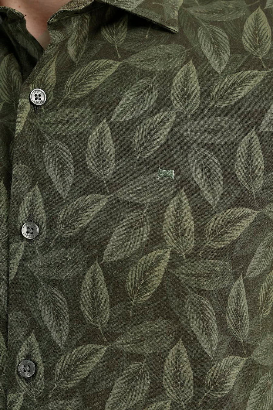 BASICS SLIM FIT LICHEN GREEN COTTON VISCOSE PRINTED SHIRT