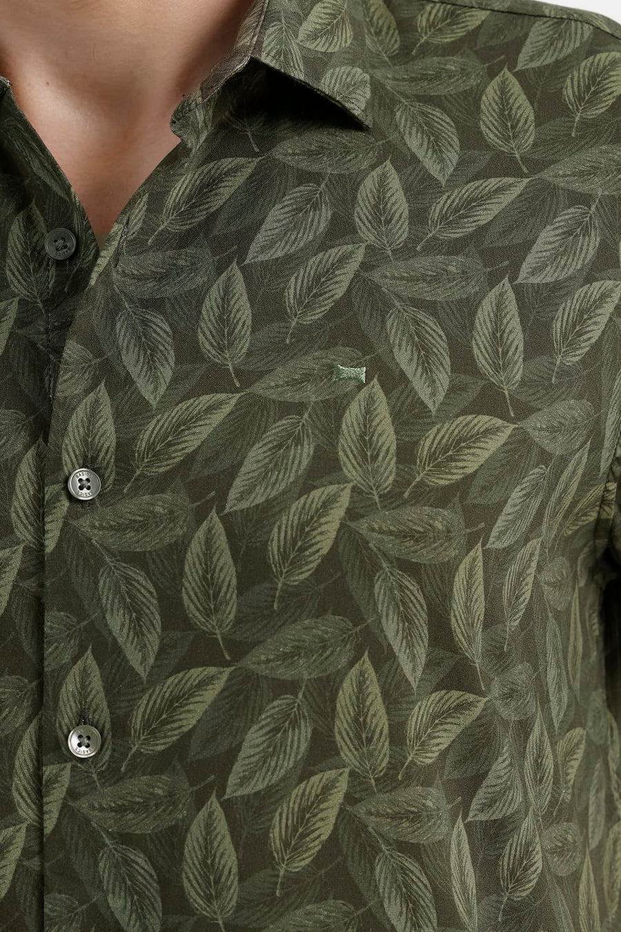 BASICS SLIM FIT LICHEN GREEN COTTON VISCOSE PRINTED HALFSLEEVES SHIRT