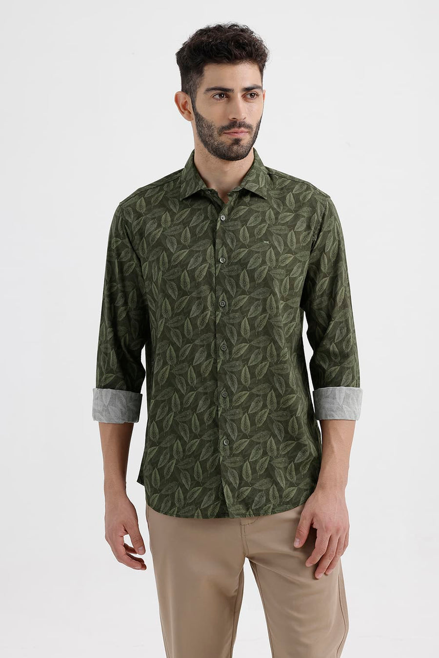 BASICS SLIM FIT LICHEN GREEN COTTON VISCOSE PRINTED SHIRT
