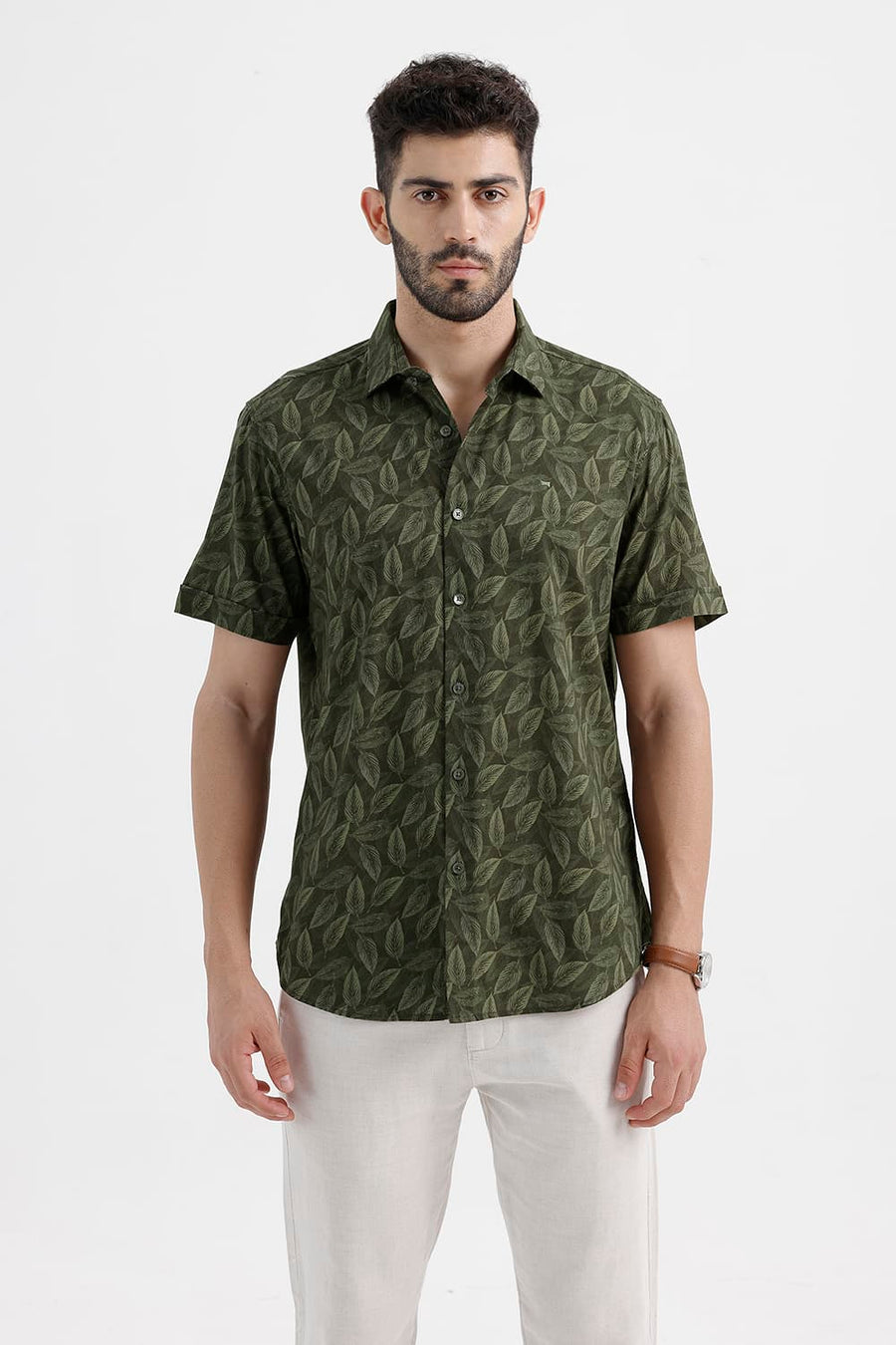 BASICS SLIM FIT LICHEN GREEN COTTON VISCOSE PRINTED HALFSLEEVES SHIRT