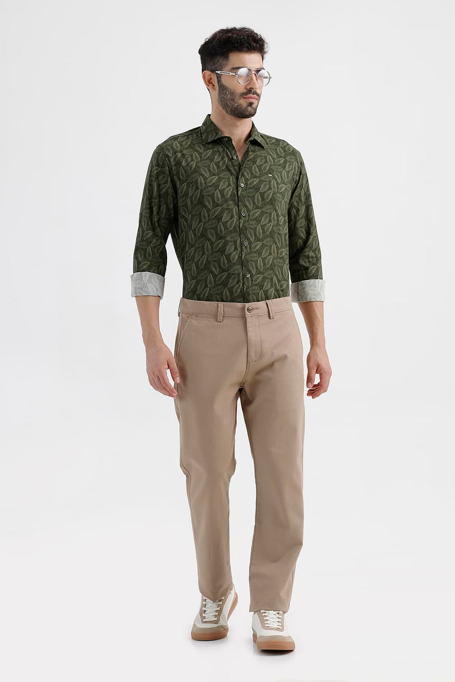 BASICS SLIM FIT LICHEN GREEN COTTON VISCOSE PRINTED SHIRT