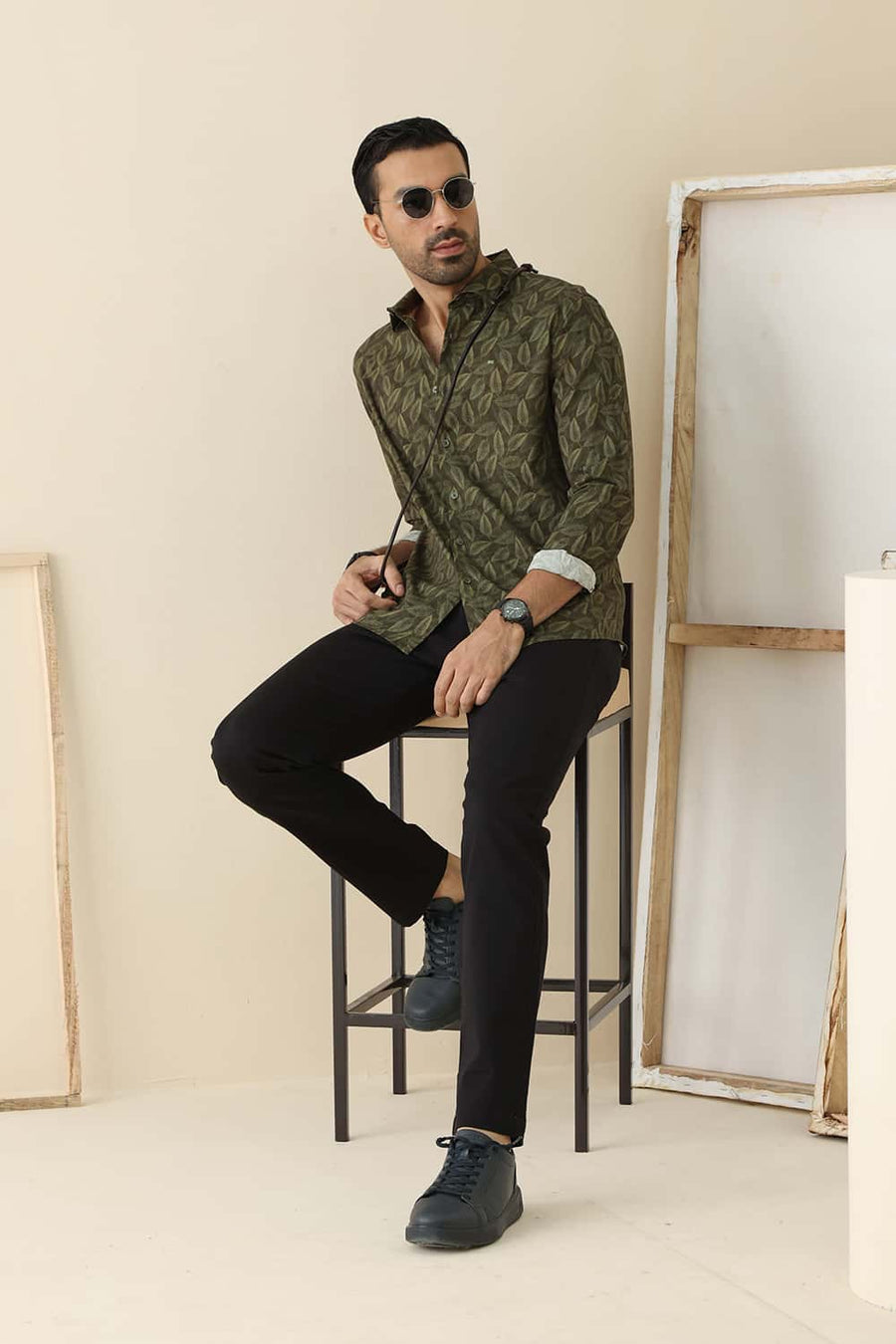 Basics Slim Fit Lichen Green Cotton Viscose Printed Shirt