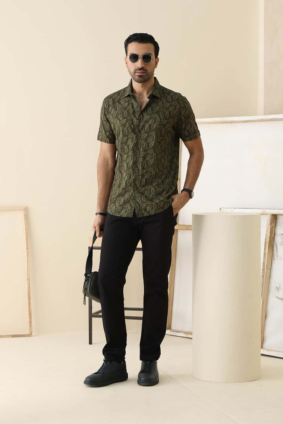 Basics Slim Fit Lichen Green Cotton Viscose Printed Halfsleeves Shirt