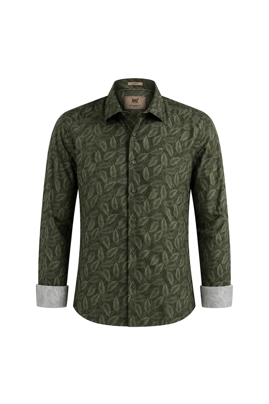 BASICS SLIM FIT LICHEN GREEN COTTON VISCOSE PRINTED SHIRT