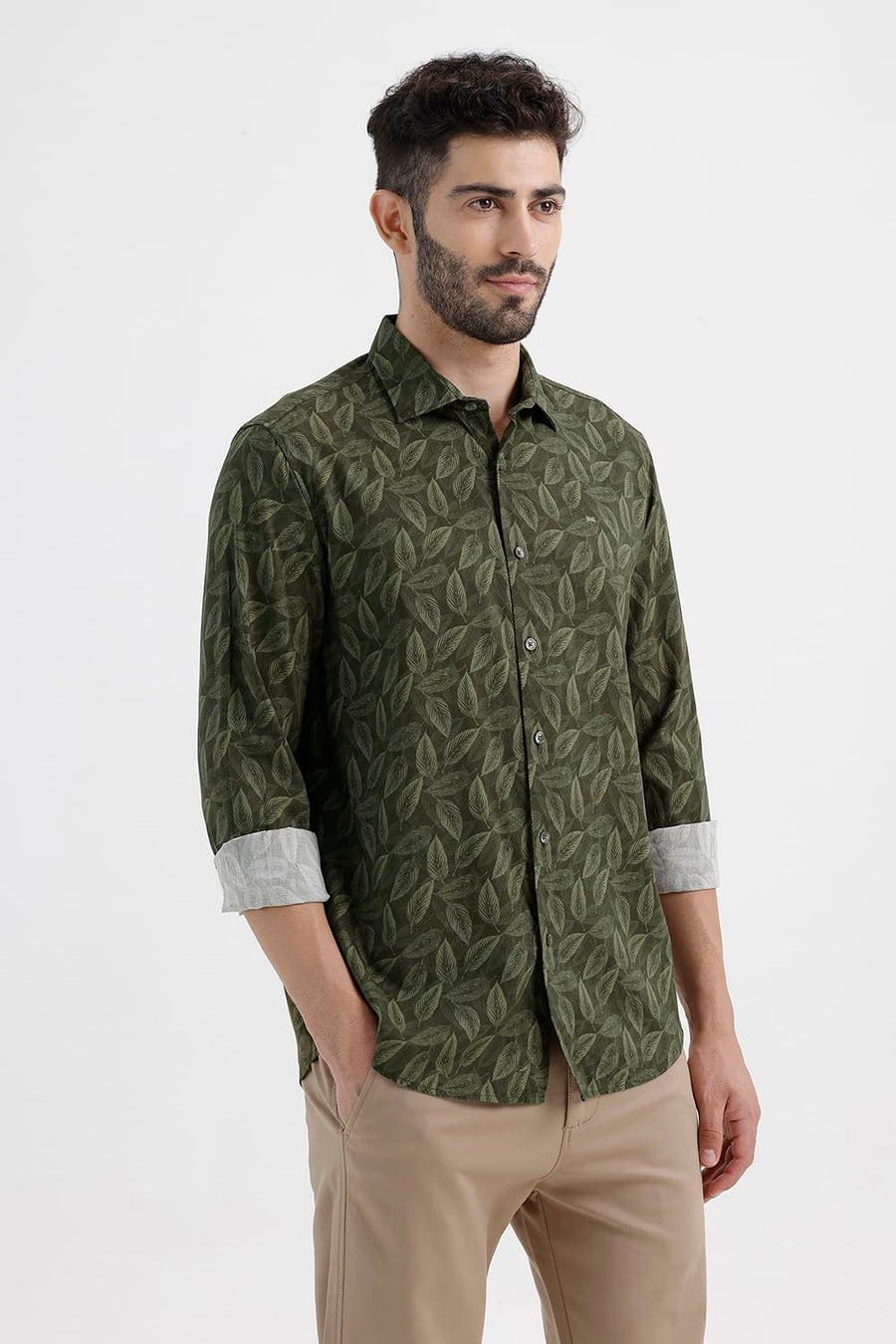 BASICS SLIM FIT LICHEN GREEN COTTON VISCOSE PRINTED SHIRT