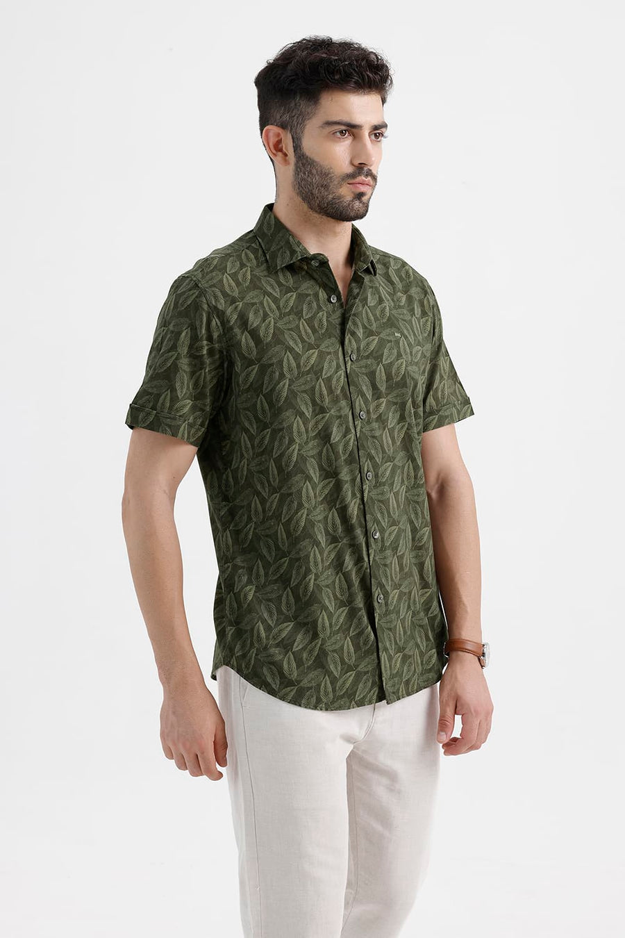 BASICS SLIM FIT LICHEN GREEN COTTON VISCOSE PRINTED HALFSLEEVES SHIRT
