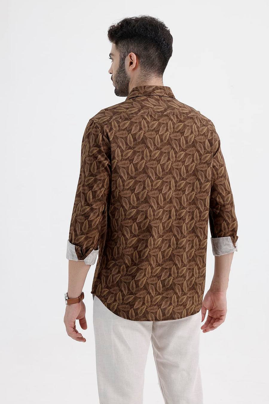 BASICS SLIM FIT PINECONE BROWN COTTON VISCOSE PRINTED SHIRT