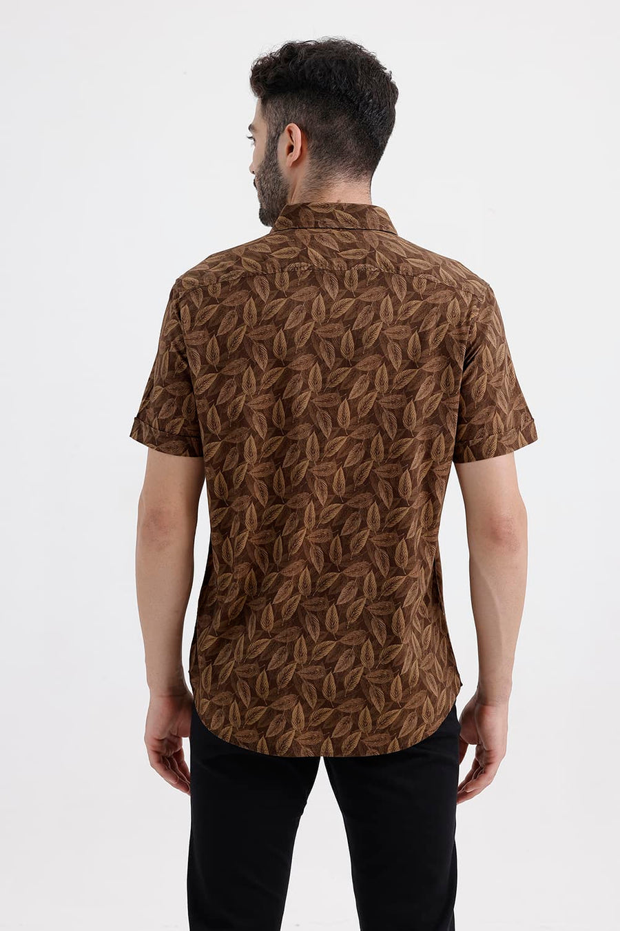 BASICS SLIM FIT PINECONE BROWN COTTON VISCOSE PRINTED HALFSLEEVES SHIRT