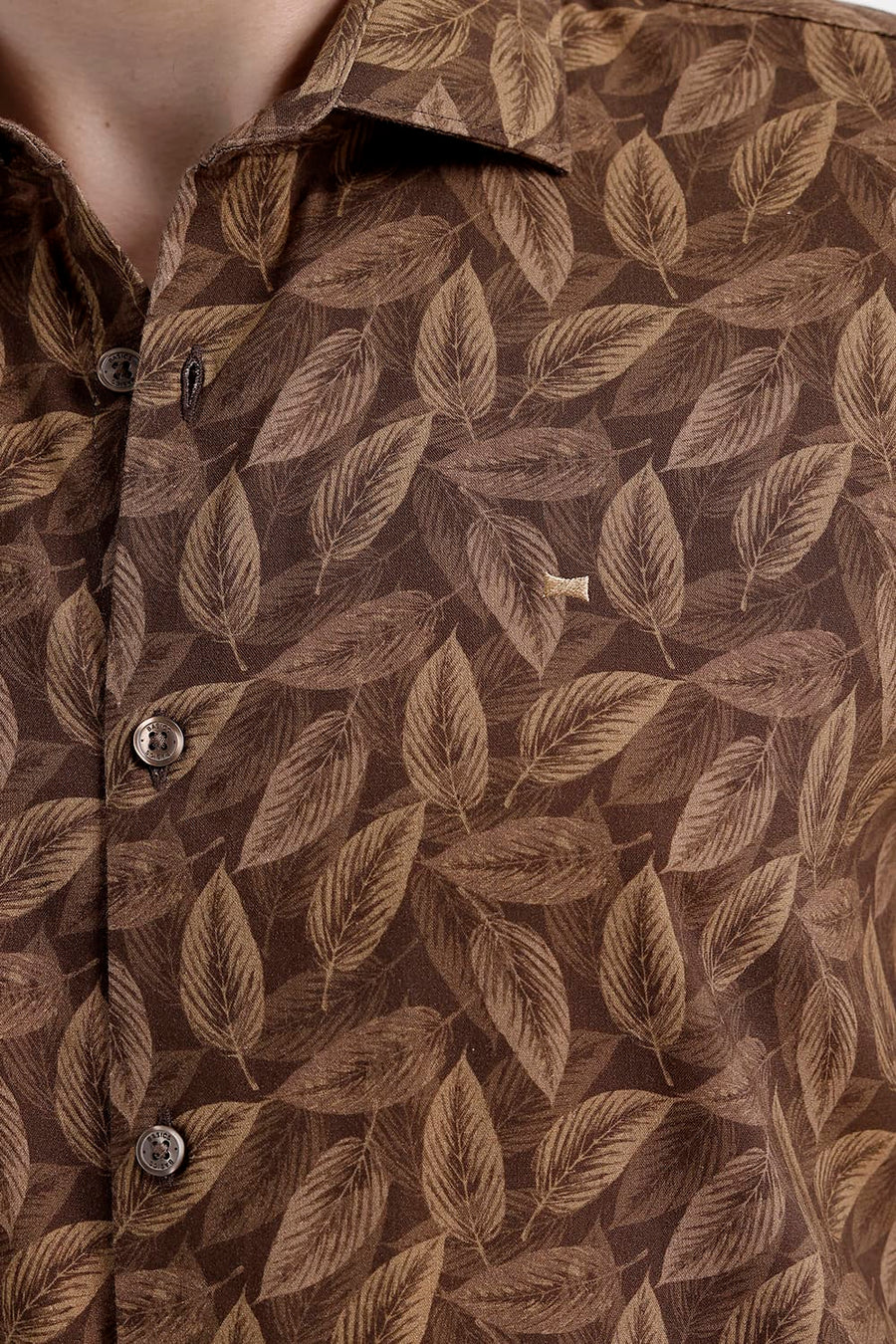 BASICS SLIM FIT PINECONE BROWN COTTON VISCOSE PRINTED SHIRT