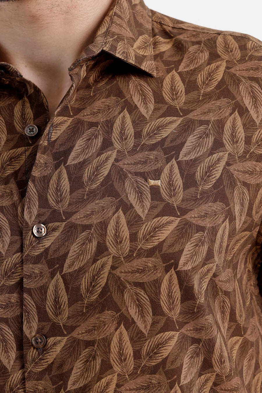 BASICS SLIM FIT PINECONE BROWN COTTON VISCOSE PRINTED HALFSLEEVES SHIRT