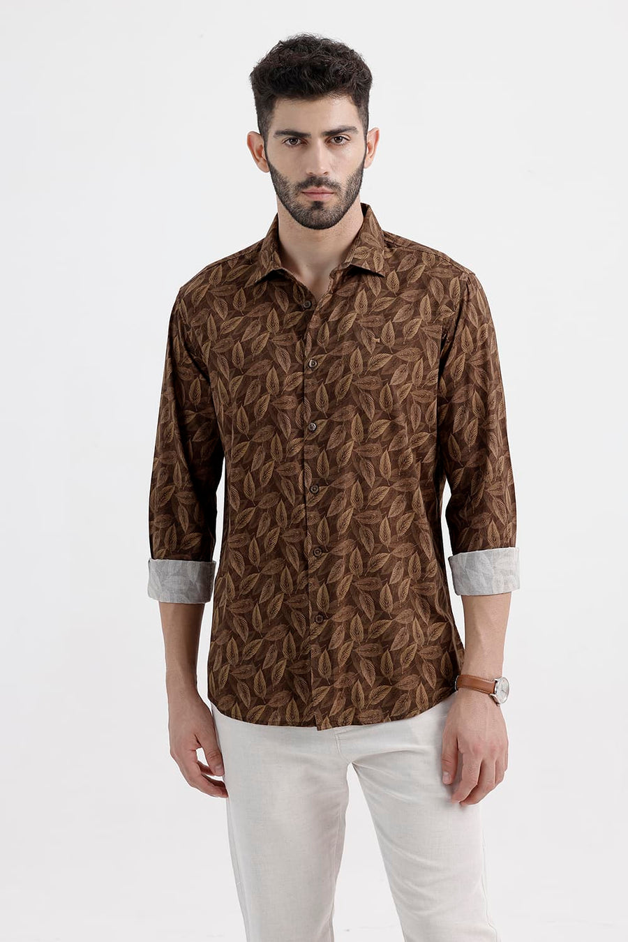 BASICS SLIM FIT PINECONE BROWN COTTON VISCOSE PRINTED SHIRT