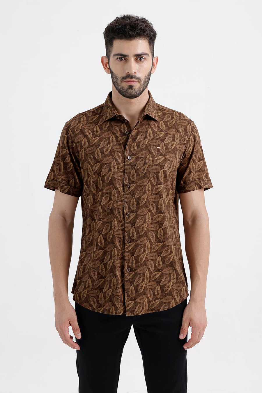 BASICS SLIM FIT PINECONE BROWN COTTON VISCOSE PRINTED HALFSLEEVES SHIRT