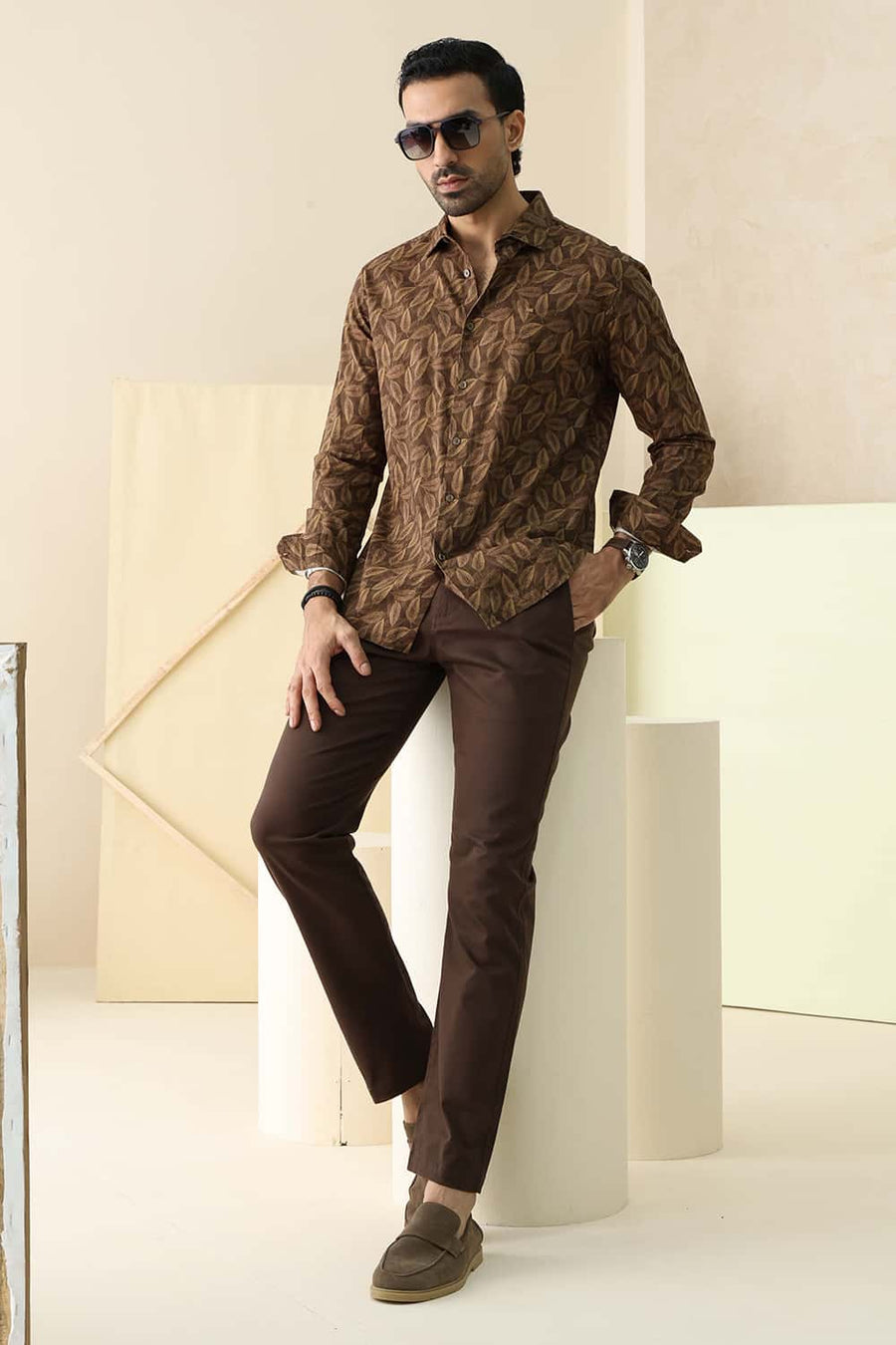 Basics Slim Fit Pinecone Brown Cotton Viscose Printed Shirt