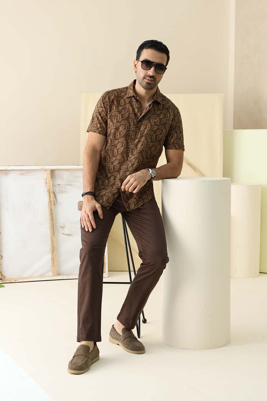 Basics Slim Fit Pinecone Brown Cotton Viscose Printed Halfsleeves Shirt