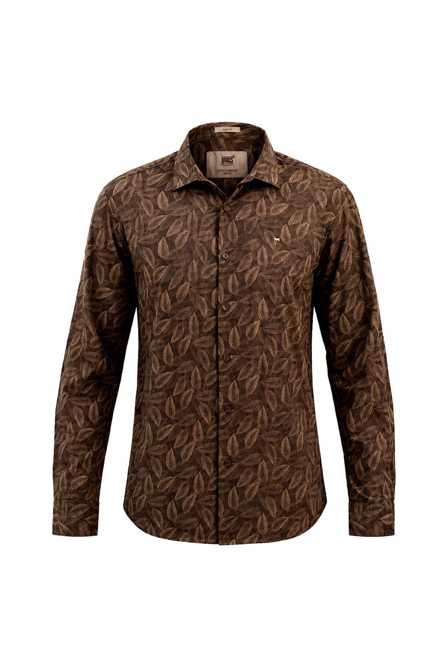 BASICS SLIM FIT PINECONE BROWN COTTON VISCOSE PRINTED SHIRT