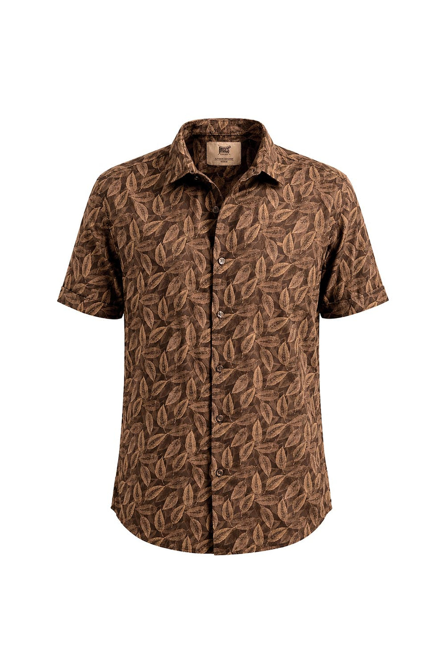 BASICS SLIM FIT PINECONE BROWN COTTON VISCOSE PRINTED HALFSLEEVES SHIRT