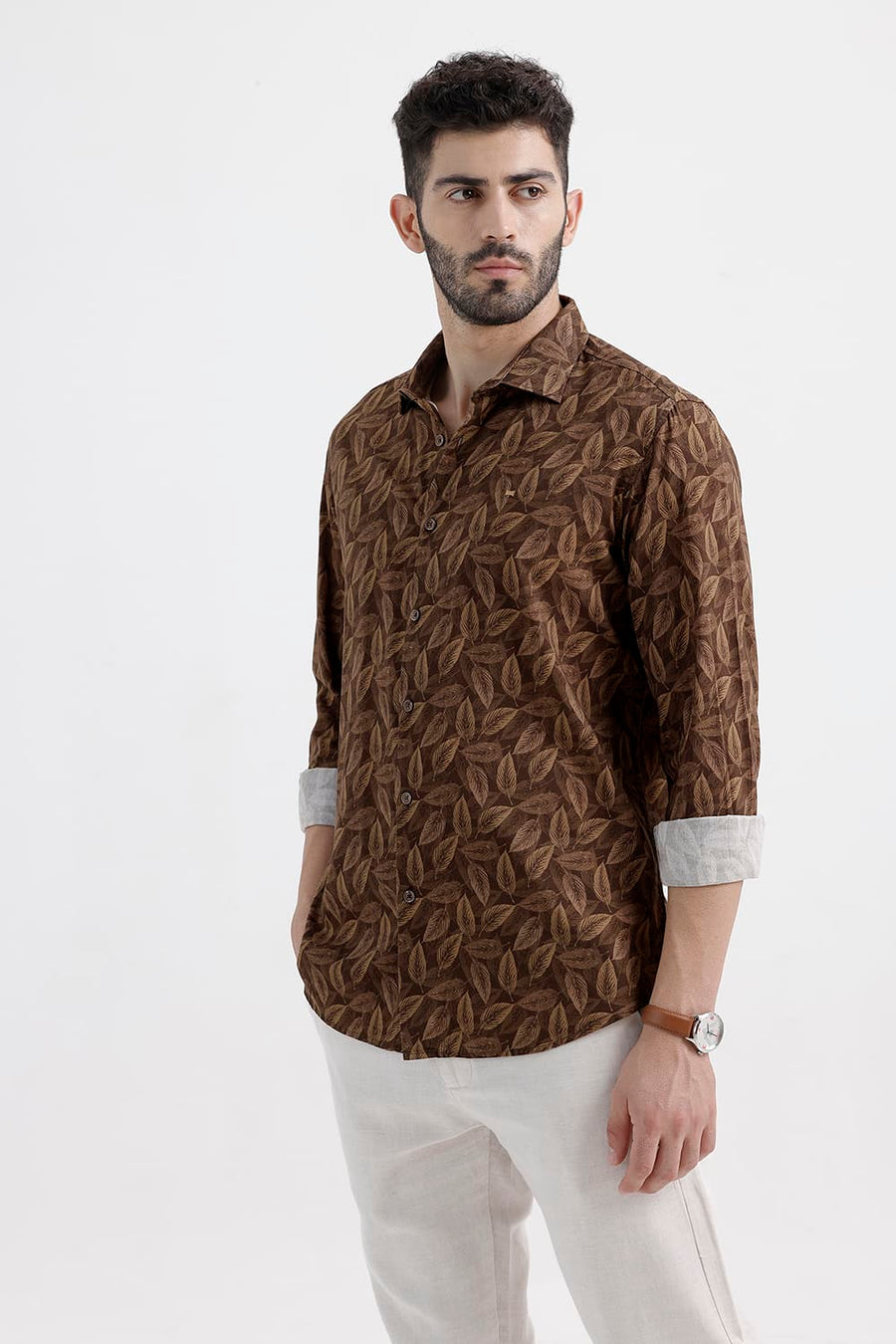 BASICS SLIM FIT PINECONE BROWN COTTON VISCOSE PRINTED SHIRT