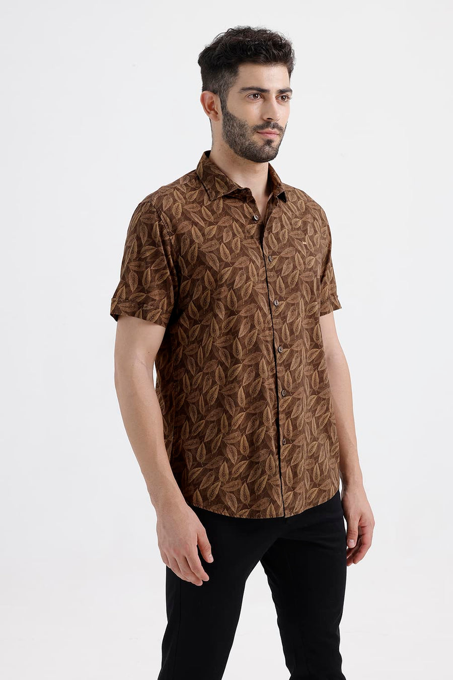 BASICS SLIM FIT PINECONE BROWN COTTON VISCOSE PRINTED HALFSLEEVES SHIRT