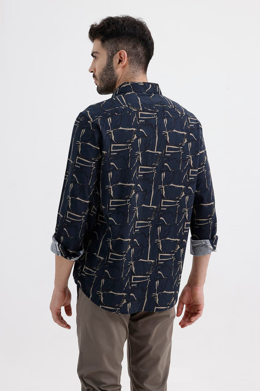 BASICS SLIM FIT NAVY SEA COTTON VISCOSE PRINTED SHIRT