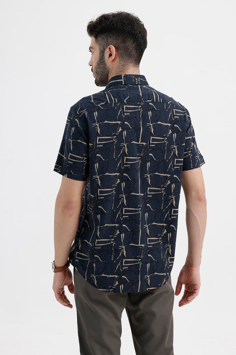 BASICS SLIM FIT NAVY SEA COTTON VISCOSE PRINTED HALFSLEEVES SHIRT