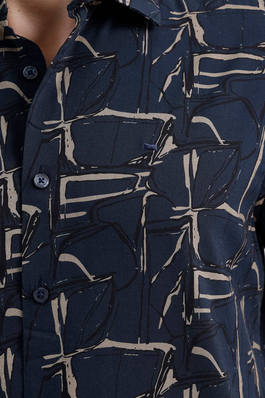 BASICS SLIM FIT NAVY SEA COTTON VISCOSE PRINTED SHIRT