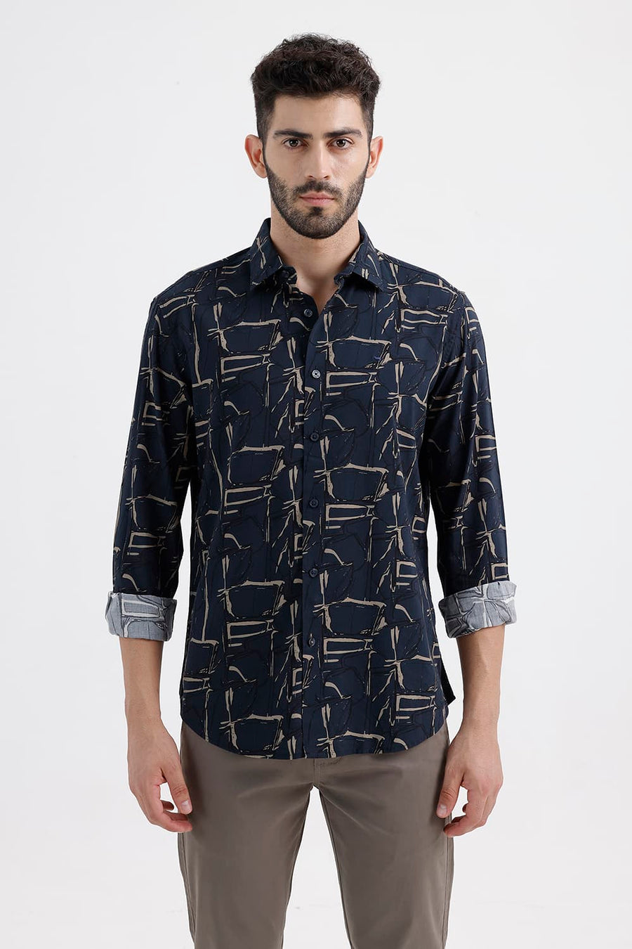 BASICS SLIM FIT NAVY SEA COTTON VISCOSE PRINTED SHIRT