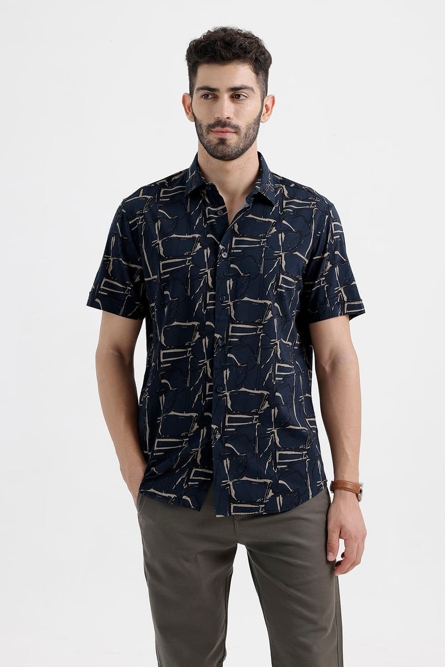 BASICS SLIM FIT NAVY SEA COTTON VISCOSE PRINTED HALFSLEEVES SHIRT