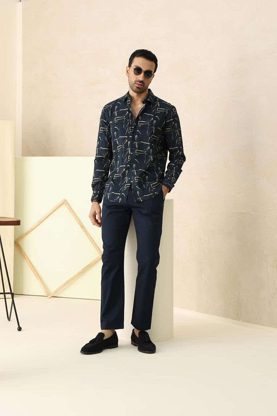 Basics Slim Fit Navy Sea Cotton Viscose Printed Shirt