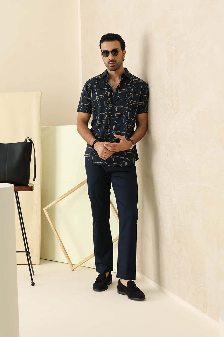 Basics Slim Fit Navy Sea Cotton Viscose Printed Halfsleeves Shirt