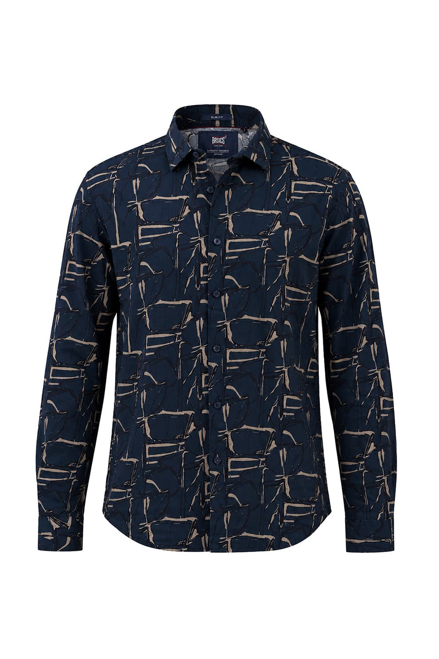 BASICS SLIM FIT NAVY SEA COTTON VISCOSE PRINTED SHIRT