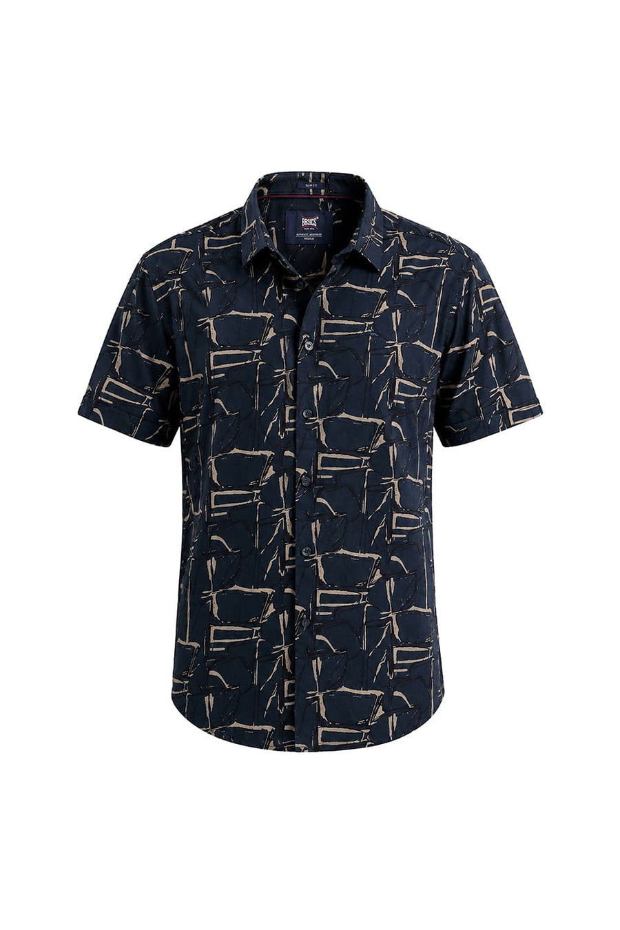 BASICS SLIM FIT NAVY SEA COTTON VISCOSE PRINTED HALFSLEEVES SHIRT