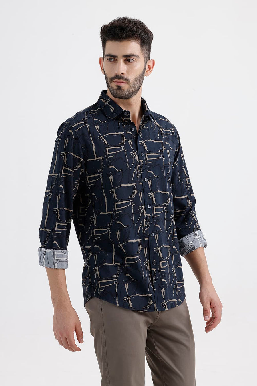 BASICS SLIM FIT NAVY SEA COTTON VISCOSE PRINTED SHIRT