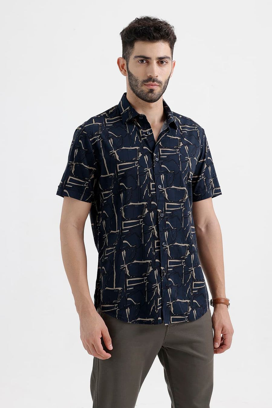 BASICS SLIM FIT NAVY SEA COTTON VISCOSE PRINTED HALFSLEEVES SHIRT