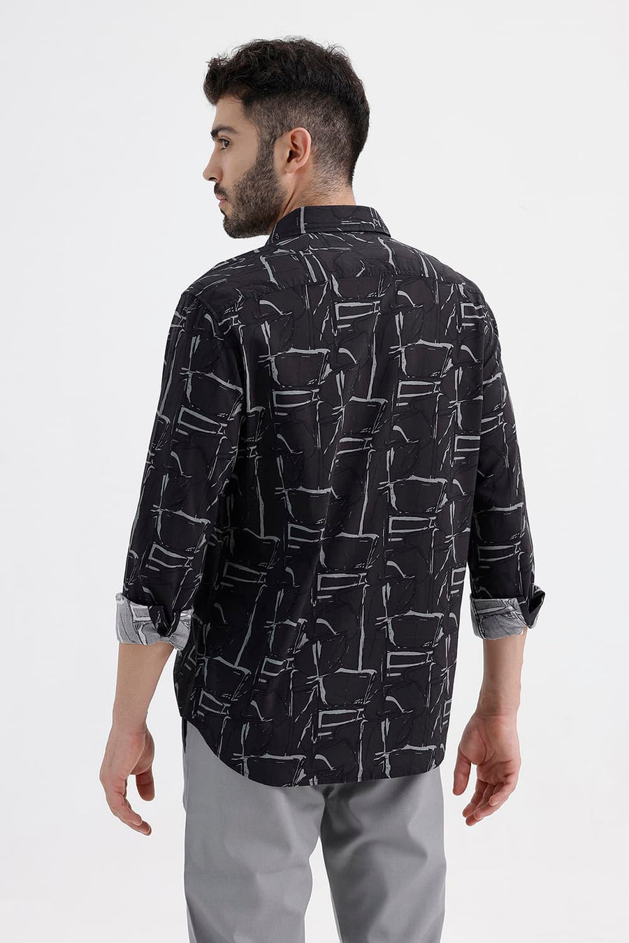 BASICS SLIM FIT BLACK SAND COTTON VISCOSE PRINTED SHIRT